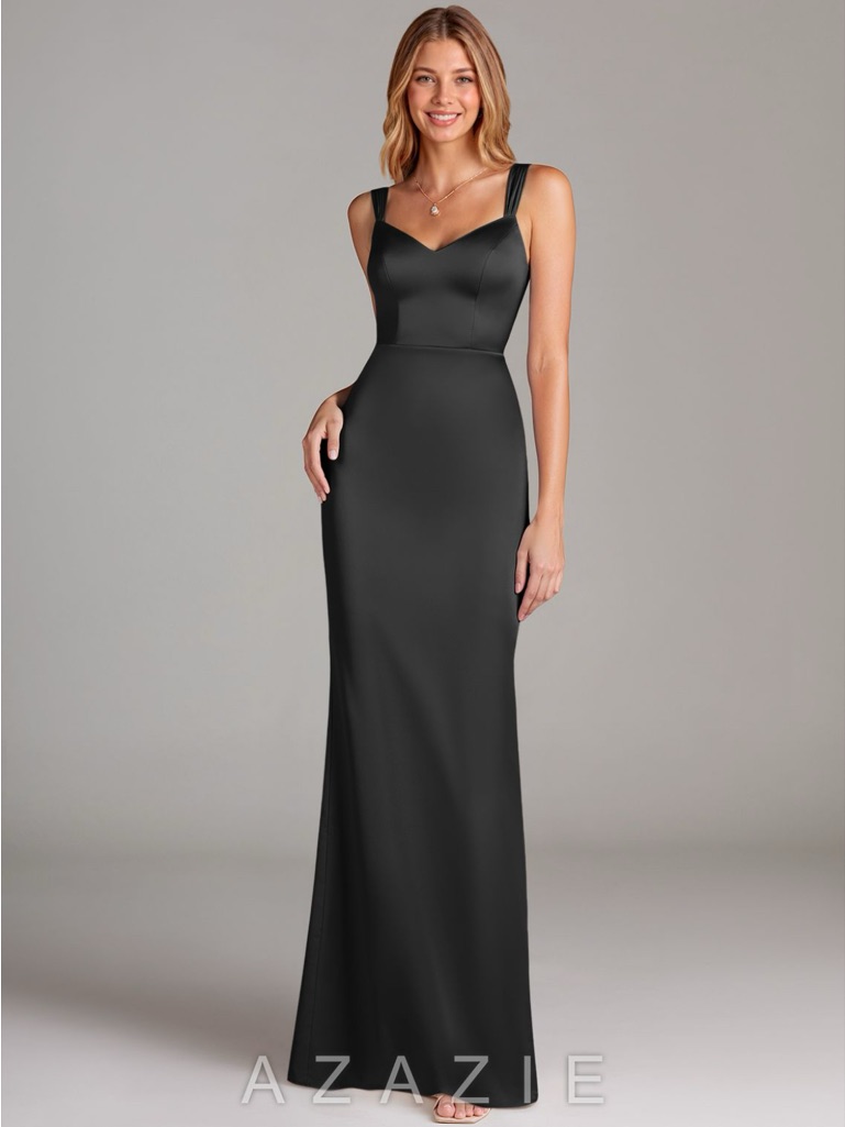 Azazie Black Satin Double-Strap Maxi Dress